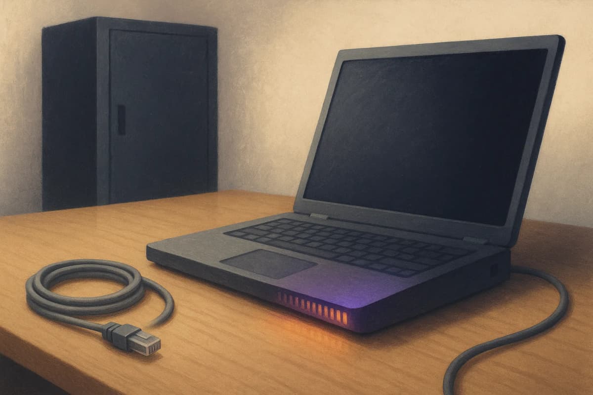 An open laptop on a wooden office desk with its cooling vent glowing warm, an unplugged ethernet cable coiled beside it, and a closed grey steel network cabinet standing dark in the background.