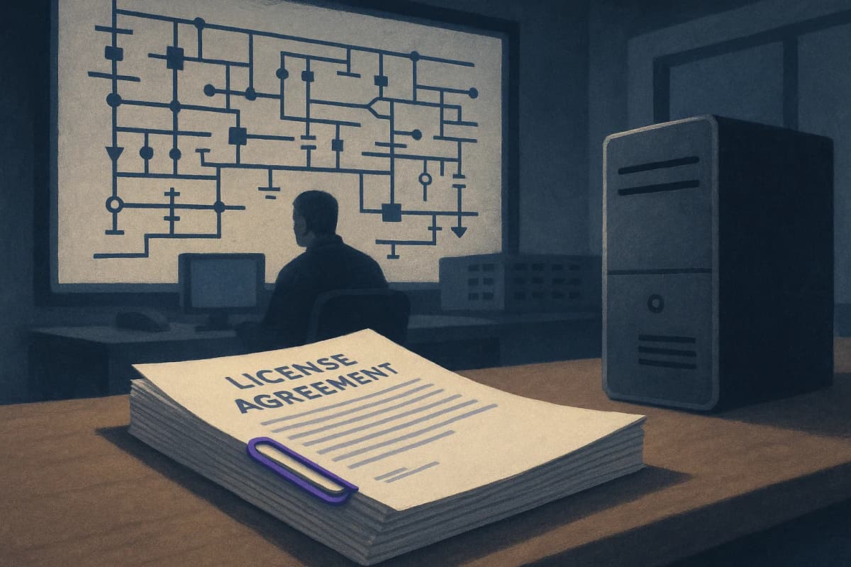 A utility control room at night with a wall of grid schematics, and on the operator's desk a thick printed license agreement with a red paper clip, sitting next to two silver desktop computers stacked together.