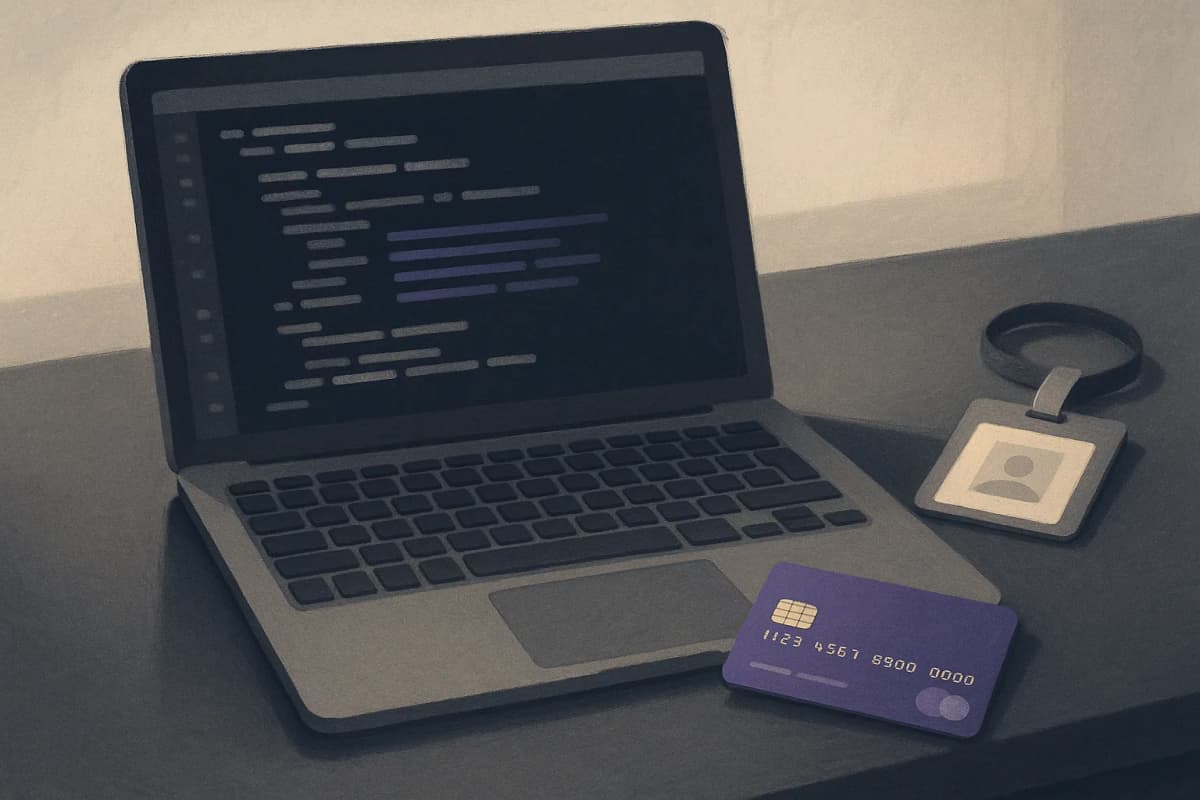 A developer's laptop on an office desk showing a terminal coding session, with a personal credit card lying beside the keyboard and a closed company badge pushed to the edge of the desk.