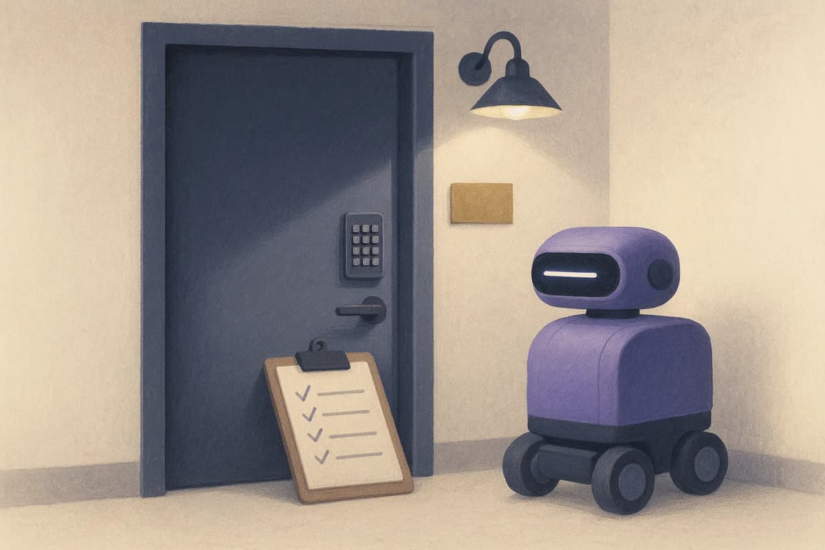 A retail store's back-office service door with a keypad lock, a small brass sign beside it reading nothing, and a delivery robot waiting at the threshold next to a clipboard listing access levels, lit by a single overhea