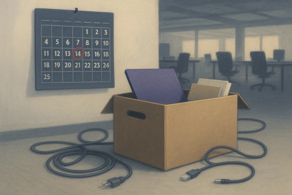A half-packed cardboard shipping crate on the floor of an emptying open-plan Stockholm office, surrounded by coiled laptop cables and unplugged network patch leads, with a paper wall calendar behind it showing one date c
