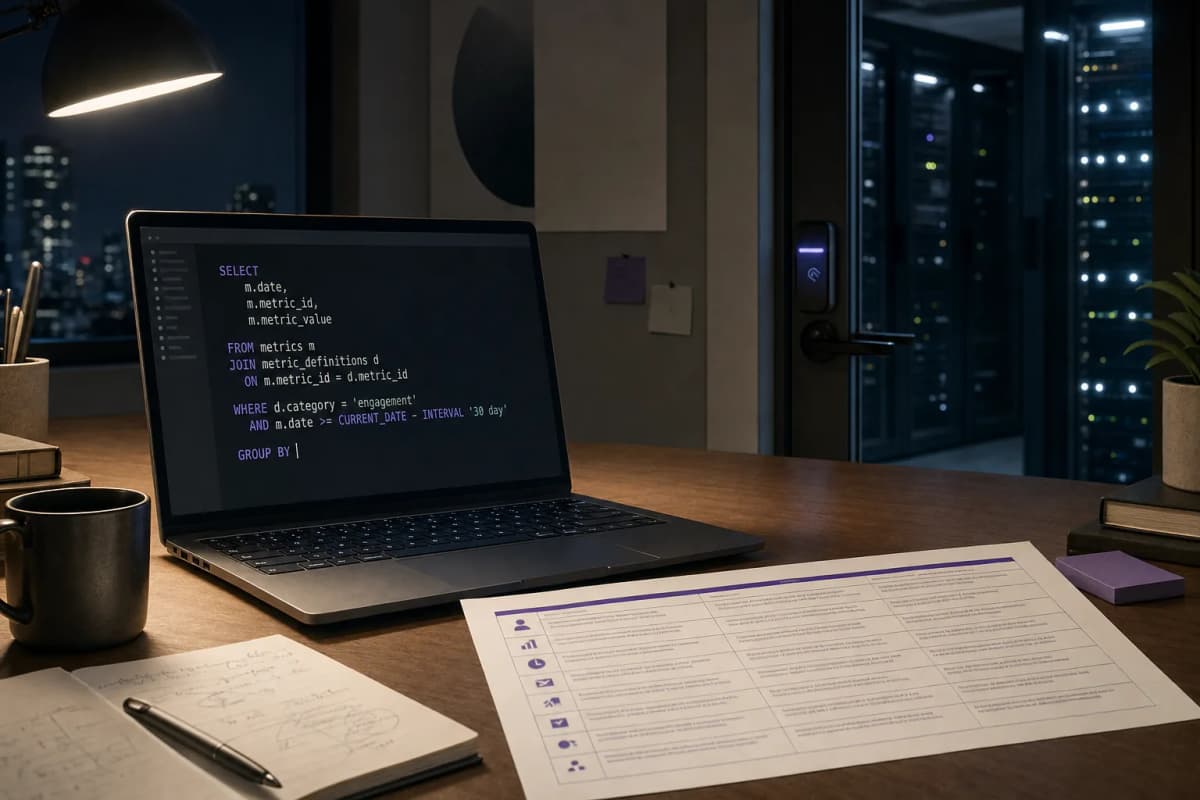 A data analyst's desk at night with a laptop showing a half-finished SQL query, beside a printed list of metric definitions and a server room door with a key card reader in the background.
