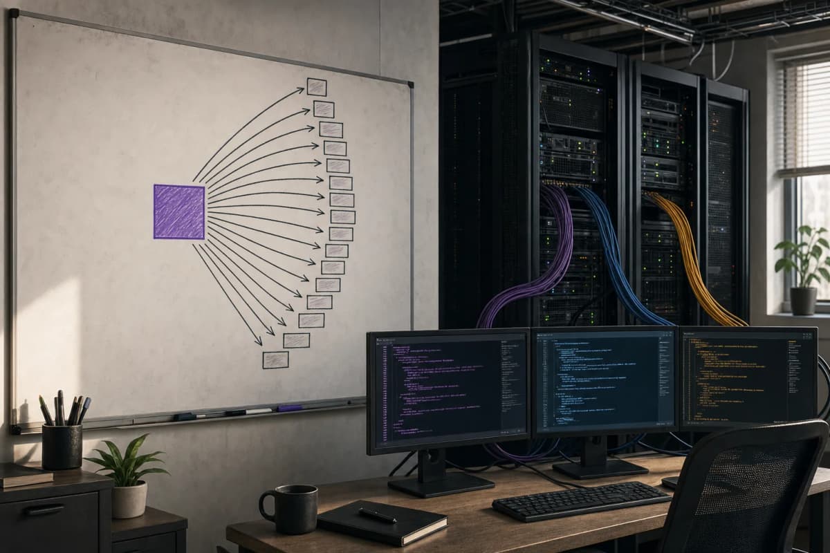 An engineer's whiteboard in a quiet office showing one central box with fourteen arrows fanning out to smaller boxes, beside a rack of server cabinets with cables running between three labelled-by-colour code repositorie