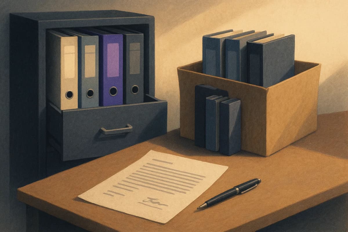 A mid-size office records room with an open filing cabinet of binders labelled only by colour, a cardboard box half-packed with binders and a printed contract with a pen resting on top on a nearby desk, lit by late-after
