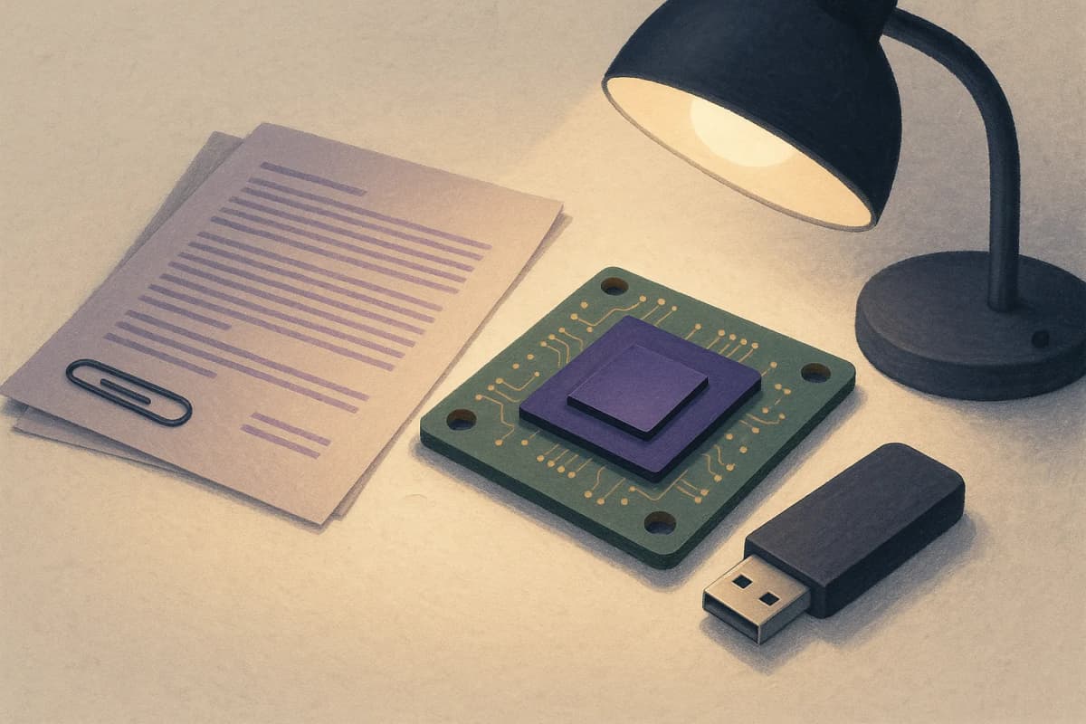 A small green circuit board with one square black accelerator chip lying on an engineer's workbench beside a USB flash drive and a stapled printed licence agreement, lit by a desk lamp; no text or logos visible.