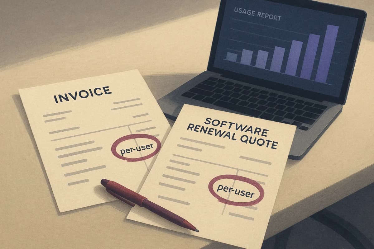 A printed software renewal quote lying on a conference table next to last year's invoice, with a red pen circling the per-user price on both pages and a laptop beside them showing a usage report bar chart.