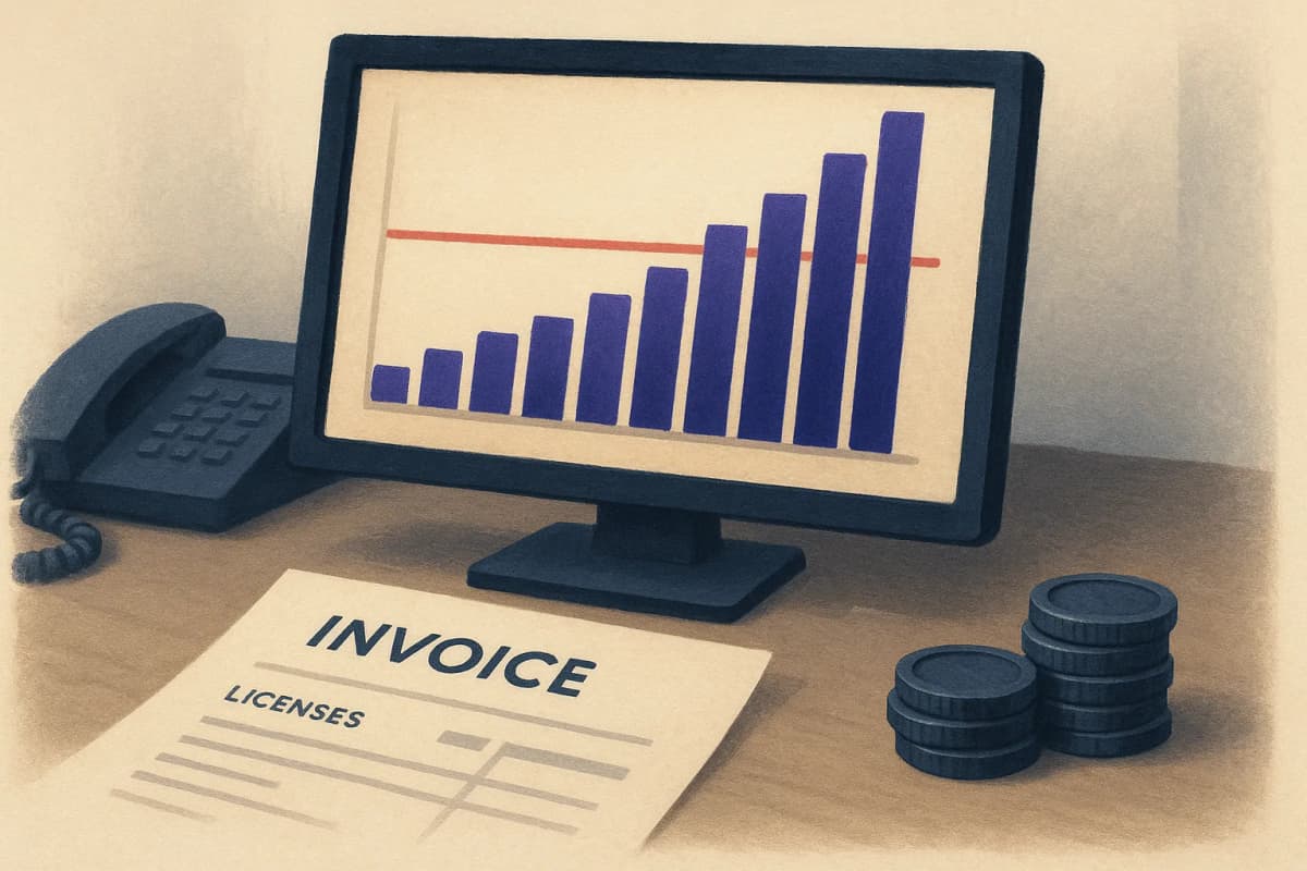 An IT admin's desk with a monitor showing a billing dashboard bar chart climbing past a red limit line, a printed per-seat license invoice lying beside a stack of coin-like tokens on the desk.