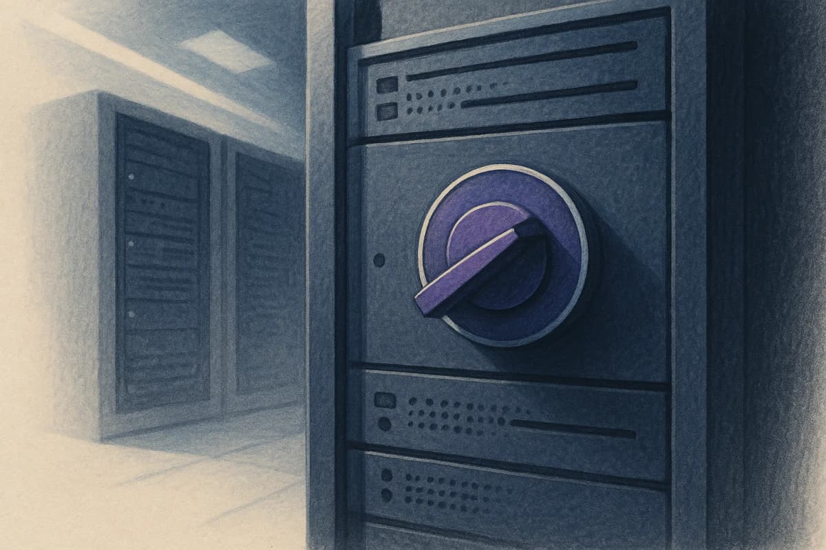 A server rack in a data centre aisle with a single physical rotary switch mounted on its front panel, its pointer resting between two blank positions, lit by cold overhead light. No text or logos.