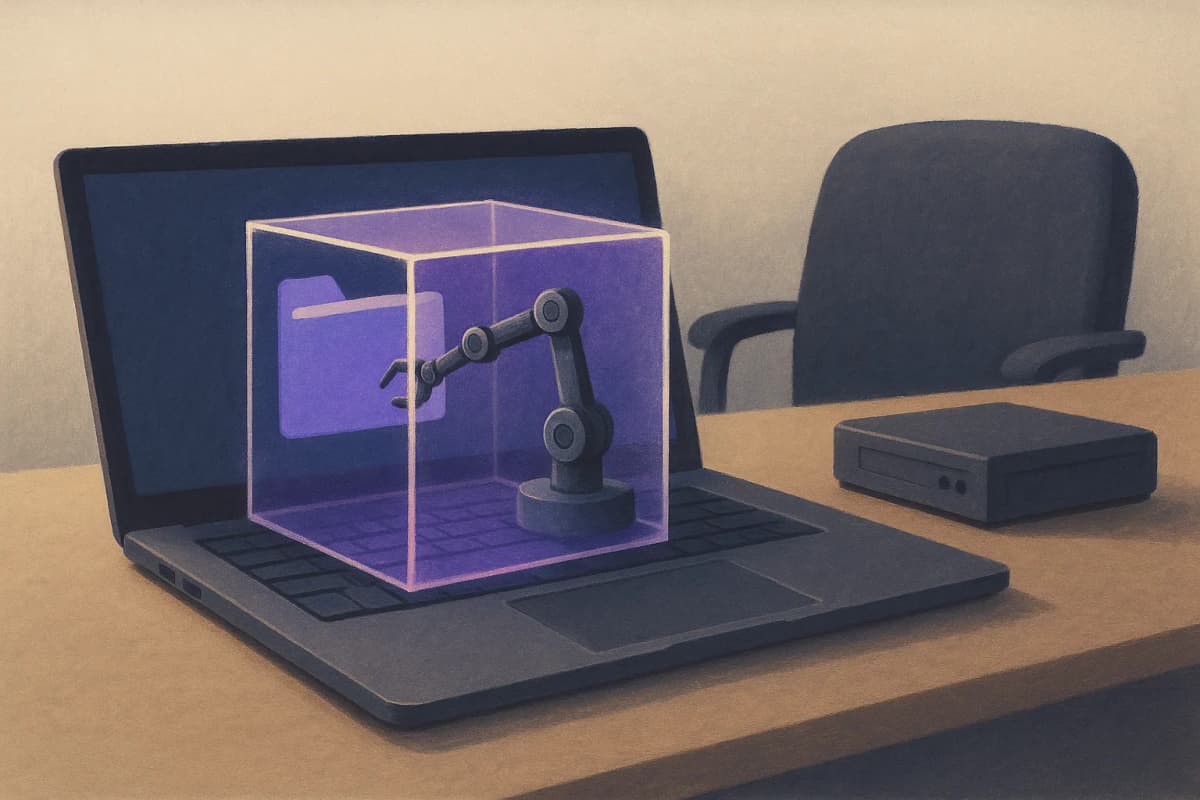 A laptop on an office desk with a glowing transparent glass box sitting over its keyboard, a small robotic arm inside the box reaching toward a folder of files on the screen, while an IT administrator's empty chair and a