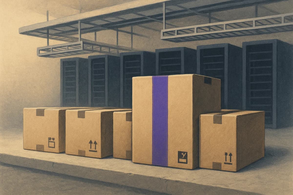 A row of sealed cardboard shipping crates stacked on a concrete loading dock inside a half-finished data hall, with empty unpowered server racks and bare hanging cable trays visible behind them.