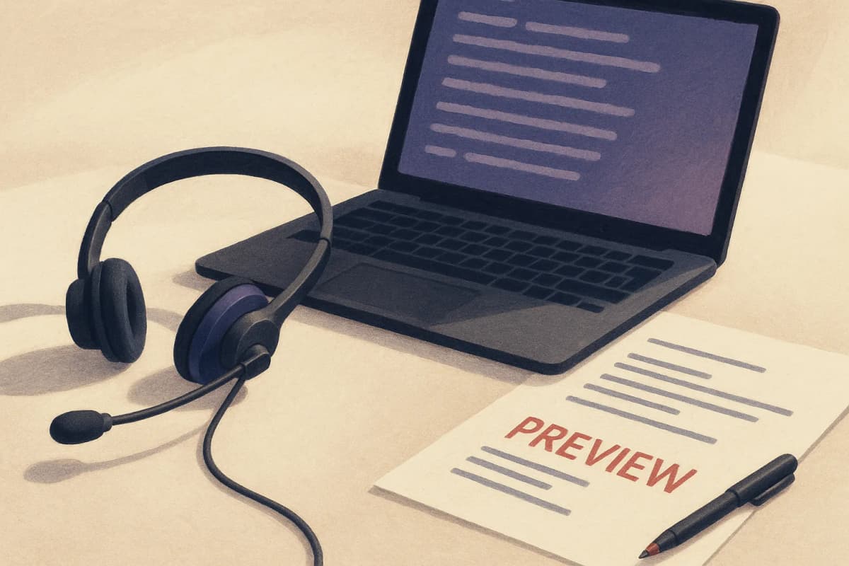 A contact-center headset resting on a desk next to a laptop showing a live scrolling transcript, with a paper contract page beside it marked 'preview' in red pen, under office lighting.