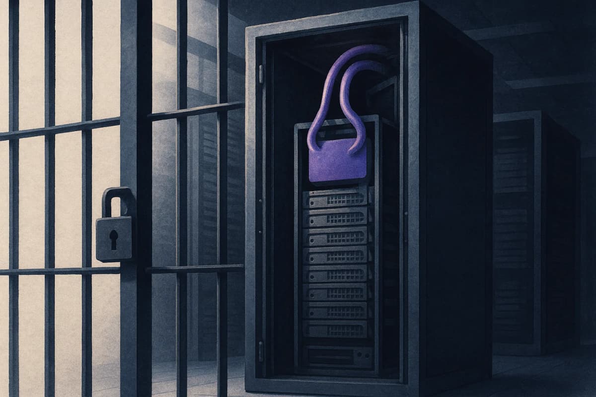 A tall liquid-cooled server rack in a dim data centre aisle, its front panel open to show rows of identical accelerator trays and coolant hoses, with a locked cage door between the rack and the viewer.