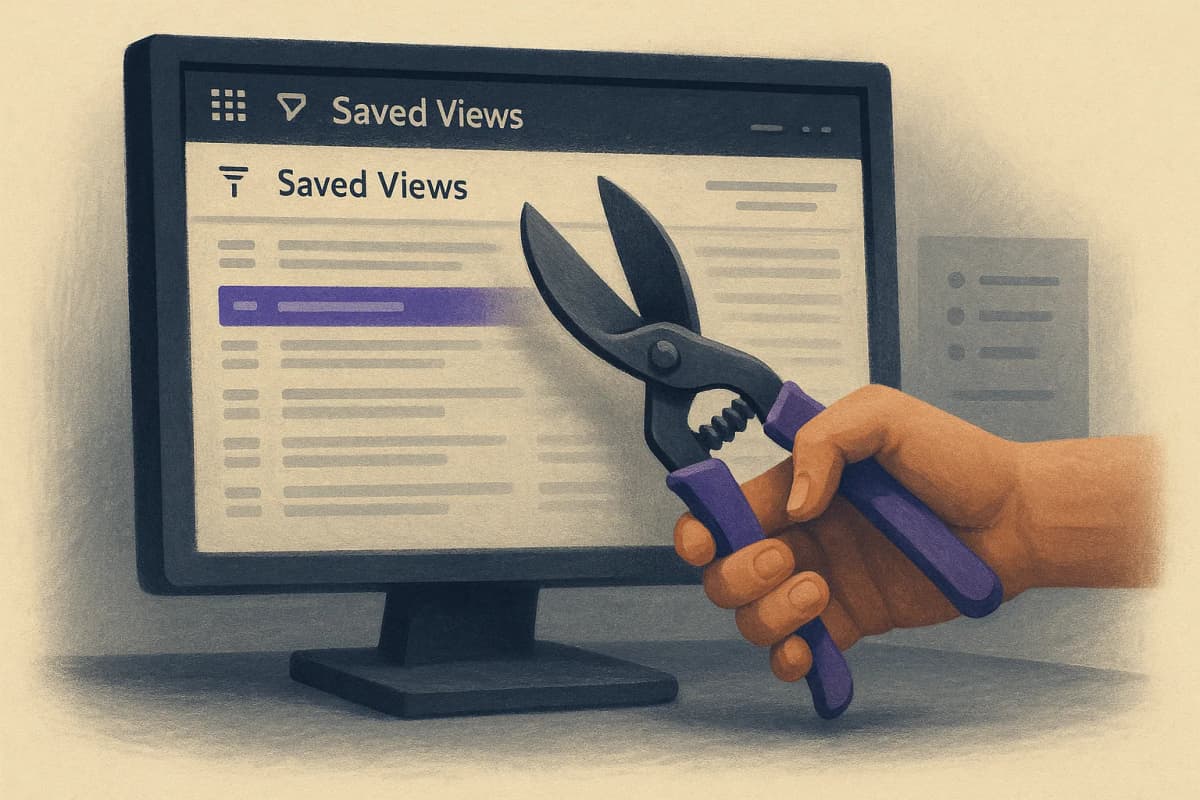 A cluttered CRM admin screen on a desk monitor showing a long list of saved views, many greyed out and dusty, with a hand holding a pair of pruning shears in front of it.