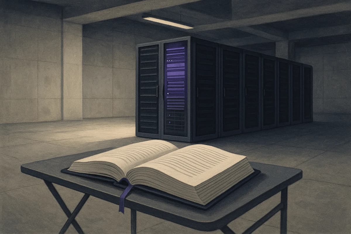 A single lit row of server racks inside a mostly empty, half-finished concrete data hall, with a thick printed multi-year contract lying open on a folding table in the foreground.