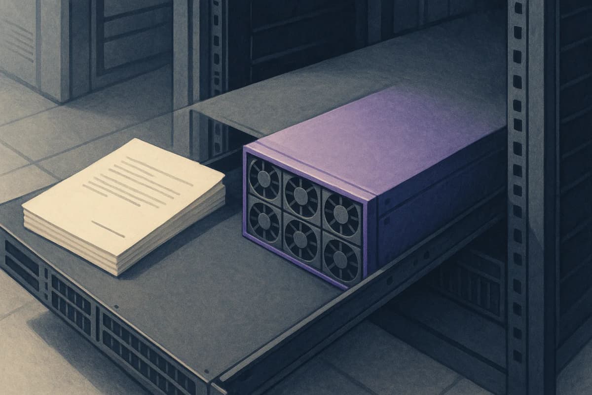 An eight-GPU server sled being slid halfway into an otherwise empty rack in a cold datacenter aisle, with a thick unsigned paper contract resting on top of the rack, its signature page blank.