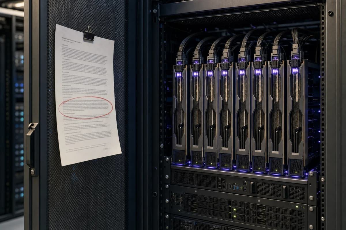 An eight-GPU server node lit up and running in a datacenter rack, a printed licence document clipped to the rack door with one paragraph circled in red pen.