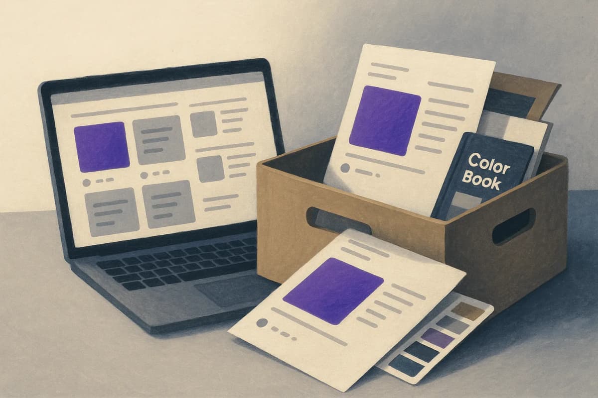 A marketer's laptop on a desk showing a grid of social-media ad mockups, beside a cardboard archive box being filled with printed ad proofs and a colour-swatch brand book, as if packing up before a move.