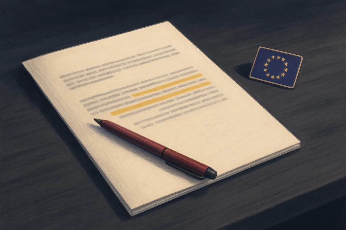 A printed data processing addendum lying open on a dark boardroom table, one paragraph of dense unreadable text highlighted in yellow marker, a red pen resting across the page, and a small European Union flag pin sitting