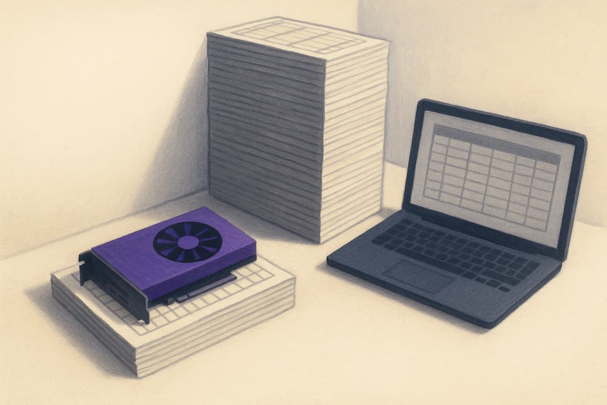 A data scientist's desk with two printed spreadsheets side by side, one short stack and one stack so tall it leans against the wall, a single GPU card resting on the short stack and an ordinary laptop beside the tall one