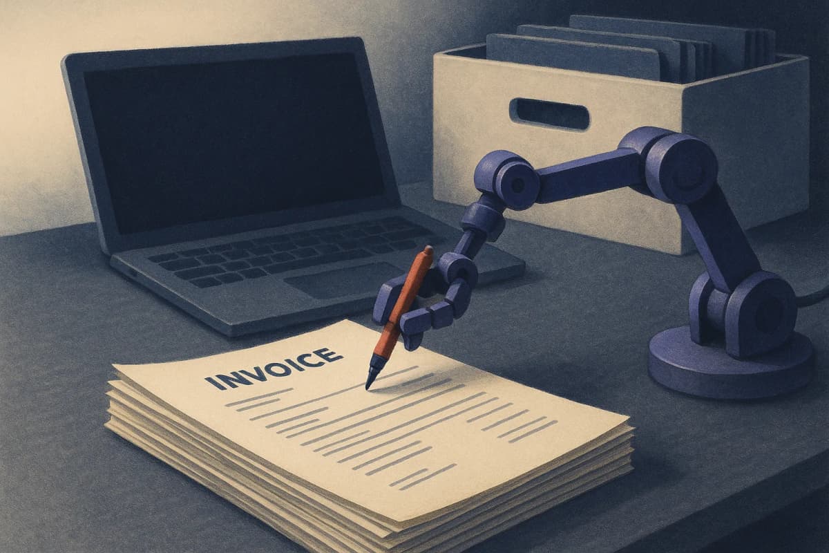 A legal operations desk with a stack of outside-counsel invoices beside a laptop, where a small robotic arm holds a red pen over the top invoice, a banker's box of case files in the background.