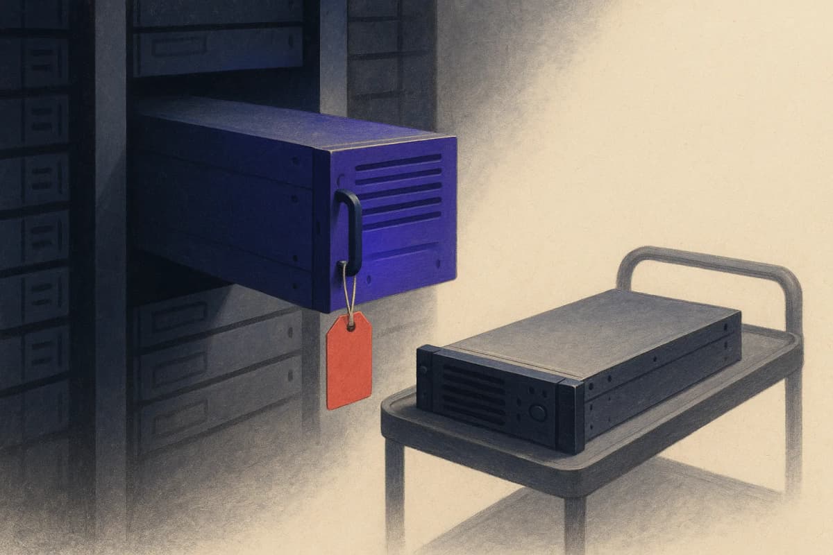 A single server blade pulled halfway out of a rack in a dim data hall, a red paper tag tied to its handle, a replacement blade resting on a cart beside it.