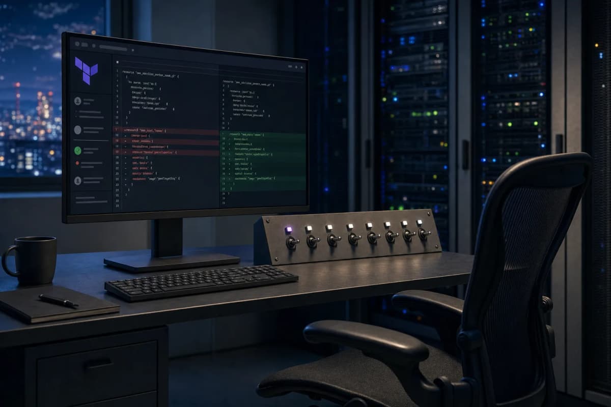 A server-room workstation at night showing a pull request with a Terraform diff on one monitor and a row of physical toggle switches beside the keyboard, an empty office chair pushed back from the desk.