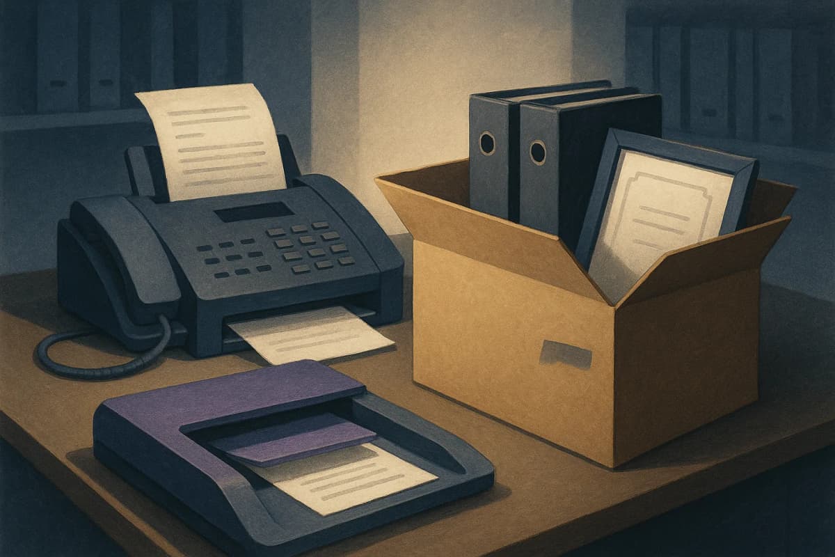 A hospital health-records office late at night: a fax machine printing pages into a tray beside a document scanner, and on the desk a half-packed cardboard moving box holding binders and a framed certificate with no legi