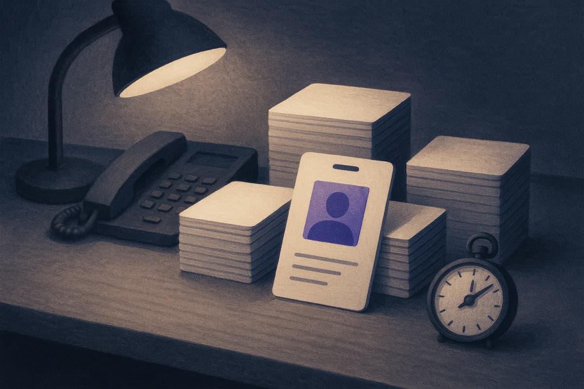 Three unequal stacks of blank employee ID badges lined up on a bank back-office desk beside a desk telephone and a stopwatch, lit by a single lamp at night.