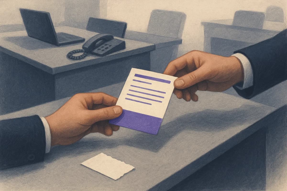 A printed instruction card being passed hand to hand along a row of office desks, with the card's torn-off bottom strip left behind on the very first desk. No readable text or logos.
