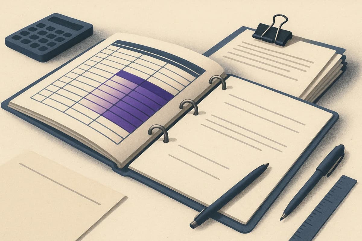 A state insurance examiner's conference table with a thick printed binder open to a spreadsheet-style model inventory, a blank form line labelled with a ruler beside it, and a stack of comment letters held by a binder cl