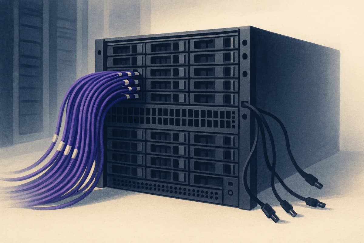 A rack-mounted enterprise storage array in a data-centre aisle, its front panel dense with drive bays, with a thick bundle of labelled patch cables plugged into one side and several cables unplugged and hanging loose fro