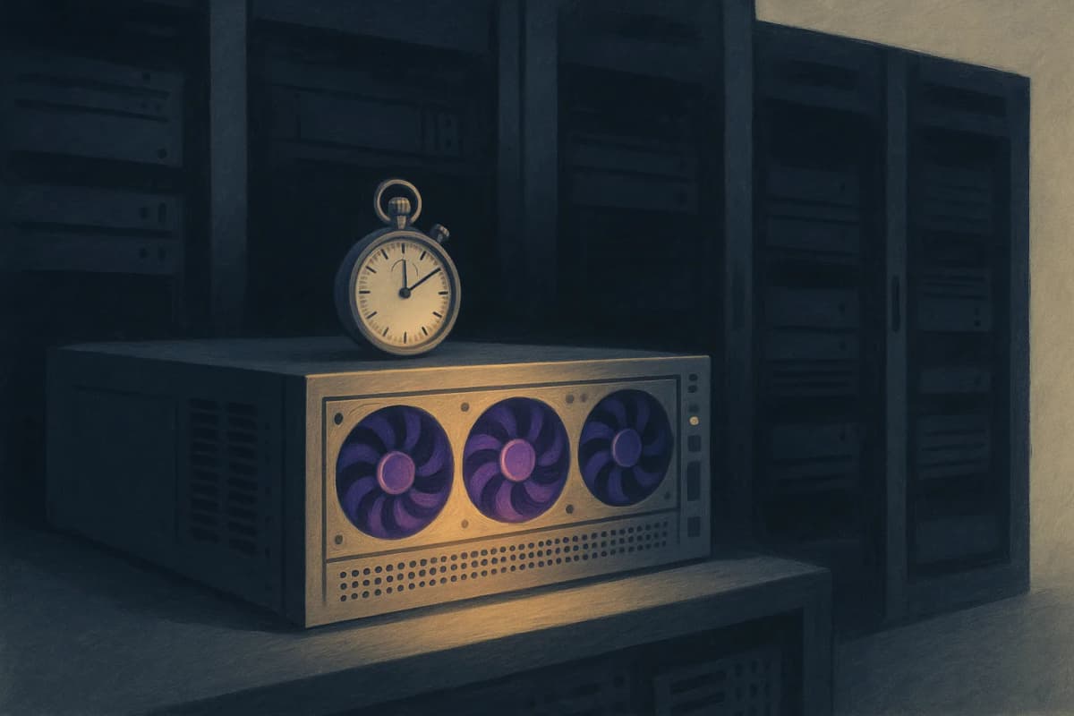 A server rack aisle at night where one GPU server glows warm with its fans spinning while the neighbouring racks sit dark and powered down, a stopwatch resting on top of the lit chassis.