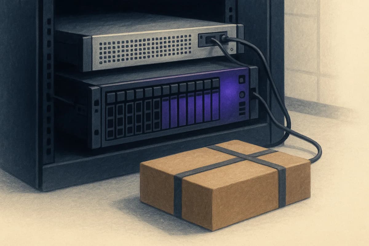 A single rack-mounted commodity 2U storage server with rows of NVMe drive bays, cabled to a GPU server beside it in a quiet university data-centre aisle, with a blank shipping crate and packing straps waiting on the floo