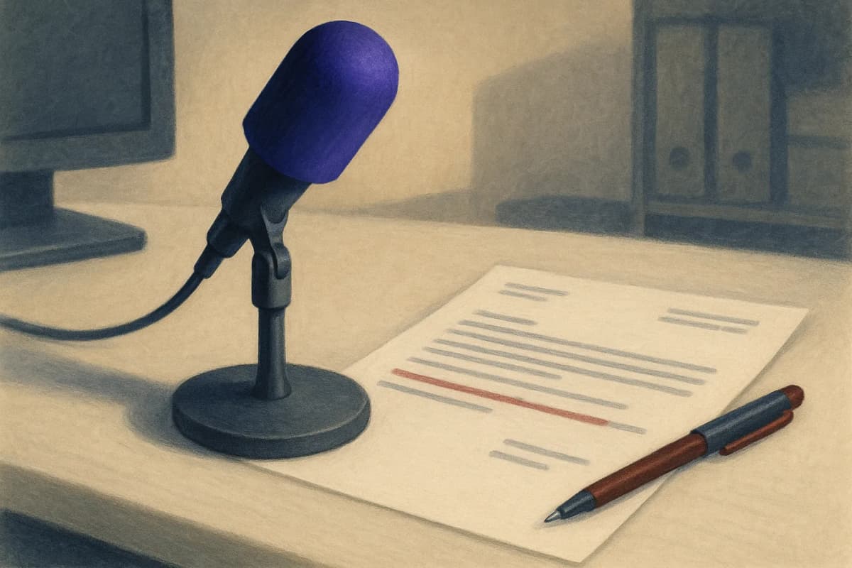 A desktop microphone standing on a GP's consulting-room desk beside a printed clinical letter, with one line struck through in red pen and the pen resting on the page.