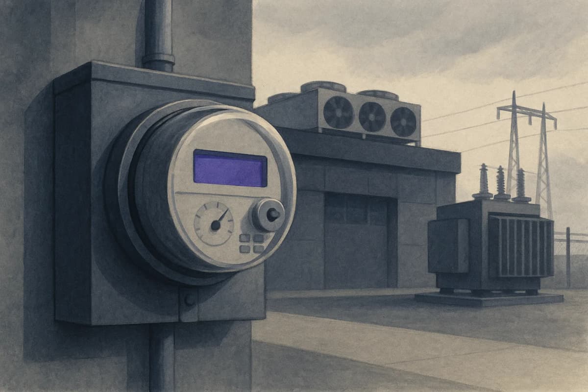 A large industrial electricity meter bolted to the grey concrete exterior wall of a data center building, with rooftop cooling units and a power transformer yard behind it under an overcast sky. No text or logos anywhere