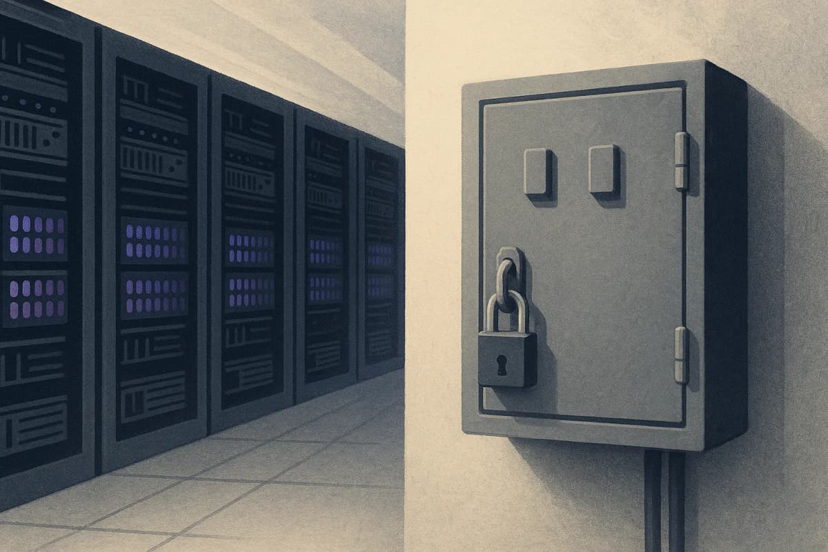 A grey metal control cabinet with unmarked switches and a padlock hasp, mounted on the wall at the end of a data-hall aisle lined with GPU server racks.
