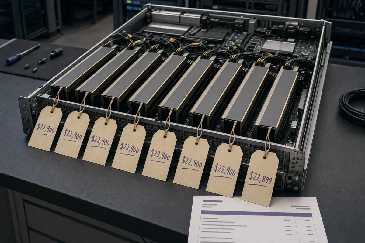 An open 8-GPU server tray on a data-centre workbench, eight GPU modules in a row, each with a small paper price tag tied to it, a printed licence renewal invoice lying beside the chassis.