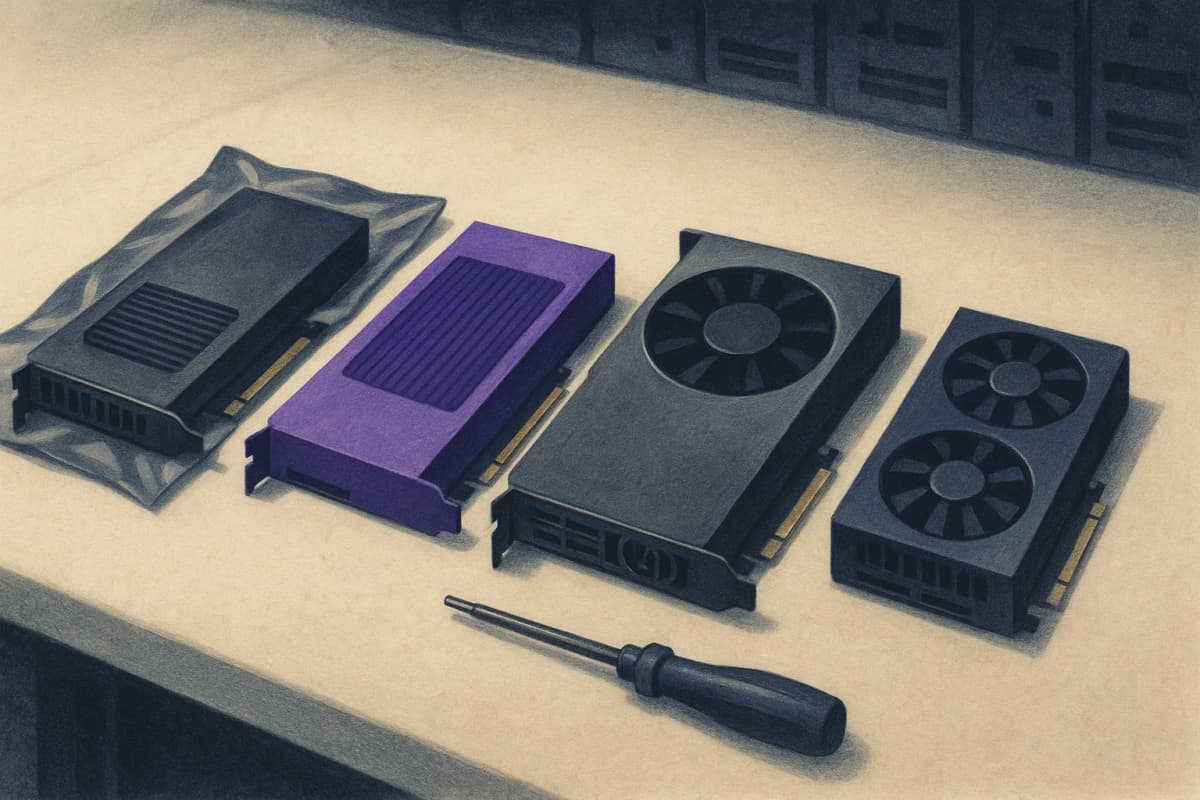 Four different AI accelerator cards laid out side by side on a data-centre workbench under overhead light, each a visibly different size and cooling design, one still half-inside its anti-static bag, a torque screwdriver