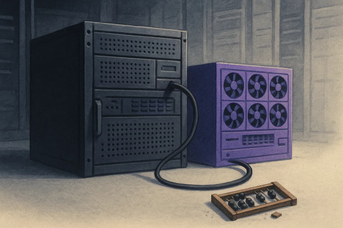 Two rack-mounted GPU servers of very different size sit side by side in a dim data-centre aisle, joined by a single thick cable, with a broken wooden abacus lying on the floor beneath the cable.