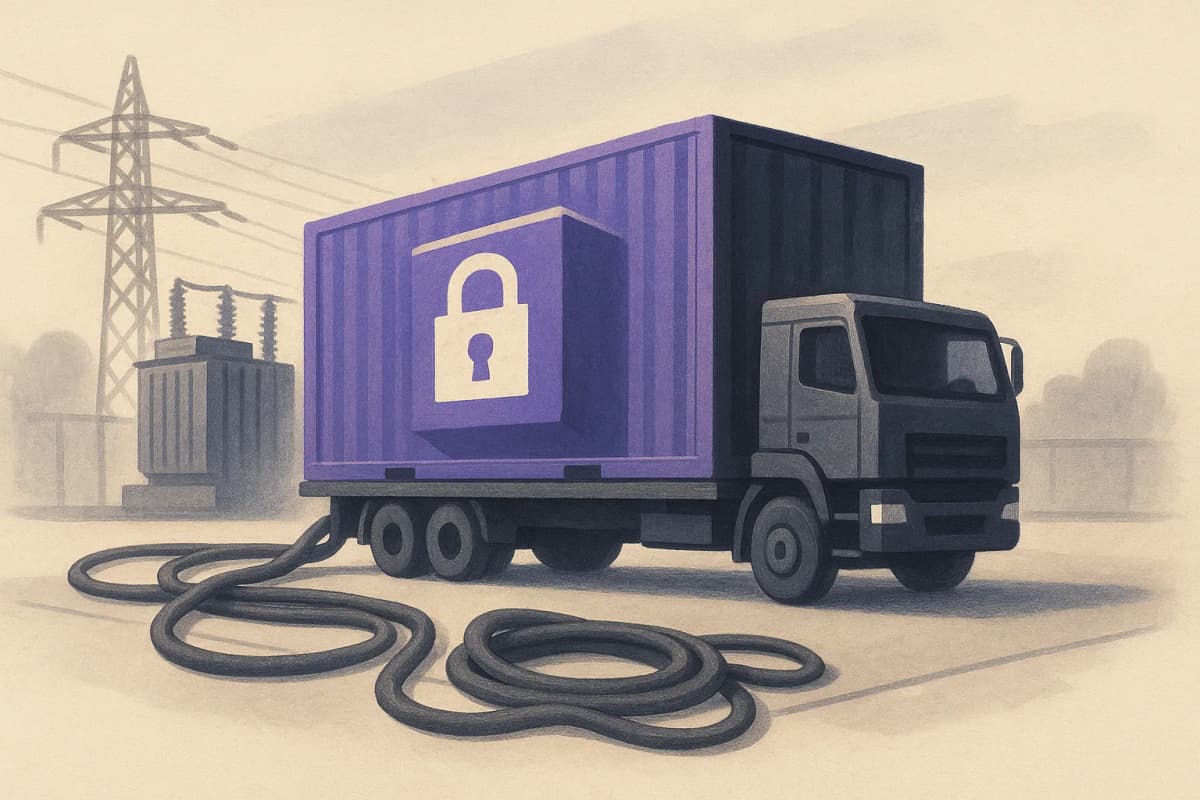 A shipping-container-sized steel data center module on a flatbed truck parked at an empty concrete pad beside an unconnected electrical substation, with thick coolant pipes and power cables coiled on the ground waiting t