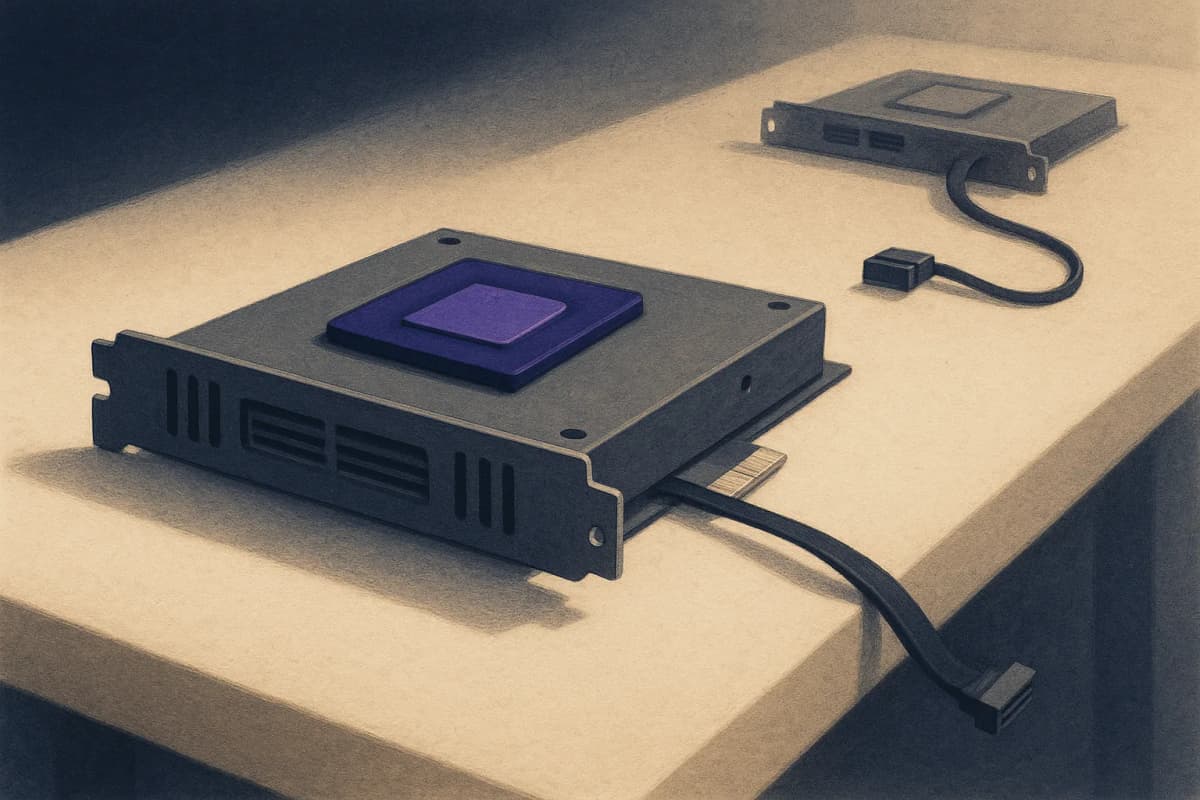 A rack-mounted AI accelerator card lying on a workbench with a single ribbon cable running off the edge of the bench toward a second, unplugged card in the background, one connector left dangling and unattached. No text