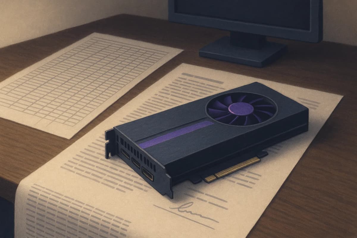 A data scientist's desk at night with a single workstation GPU card lying beside a thick printed spreadsheet whose rows run off the edge of the desk, a signed paper licence agreement weighted down by the GPU.