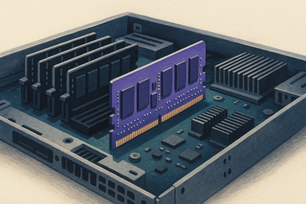 A row of DDR5 server memory modules seated in the open DIMM slots of a half-assembled rack server on a workbench, chassis lid removed, heatsinks and empty slots visible under bright overhead light.