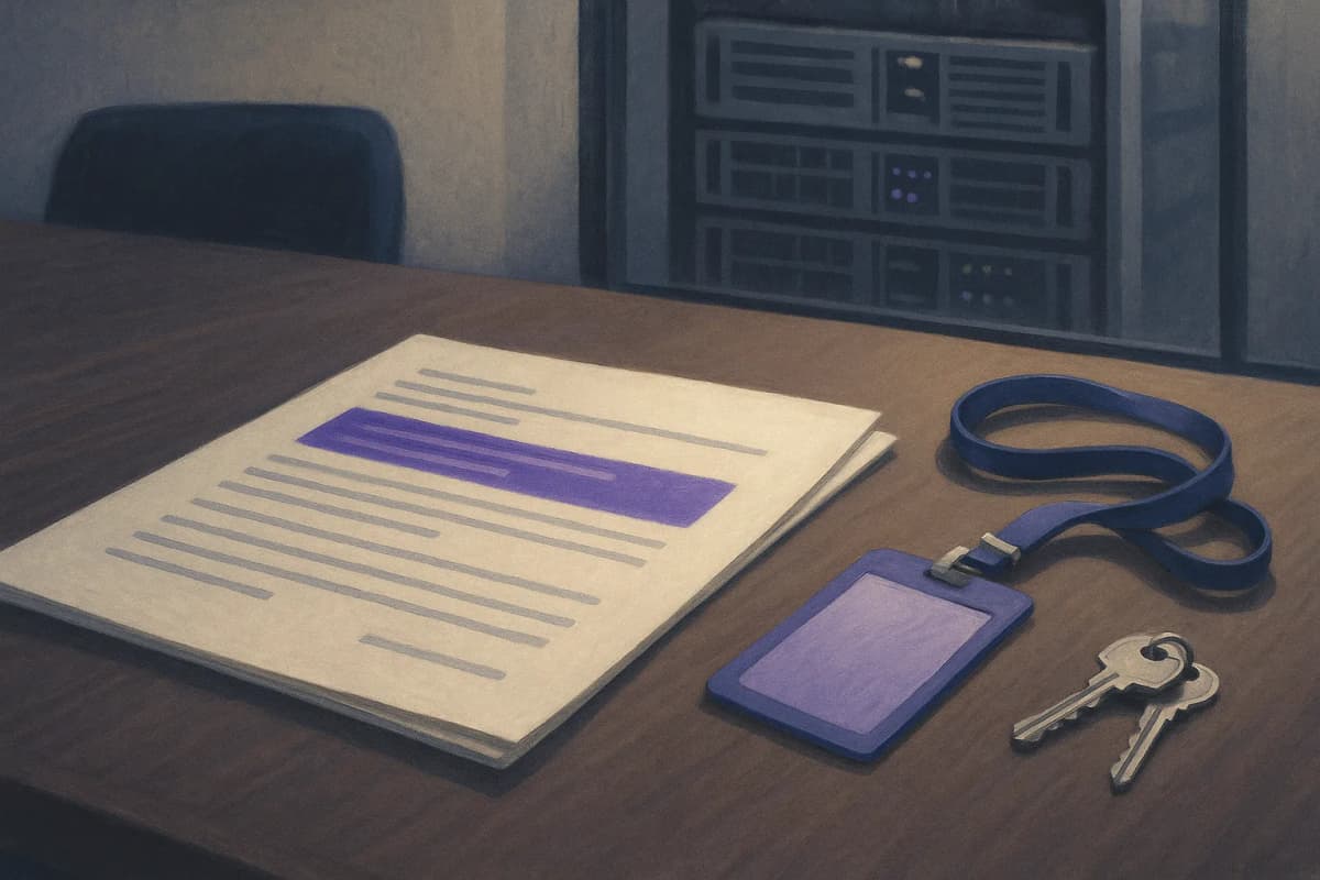 A printed enterprise software contract lying open on a boardroom table beside an empty engineering badge lanyard and a set of keys, with a rack of server hardware visible through a glass wall behind it. No text or logos