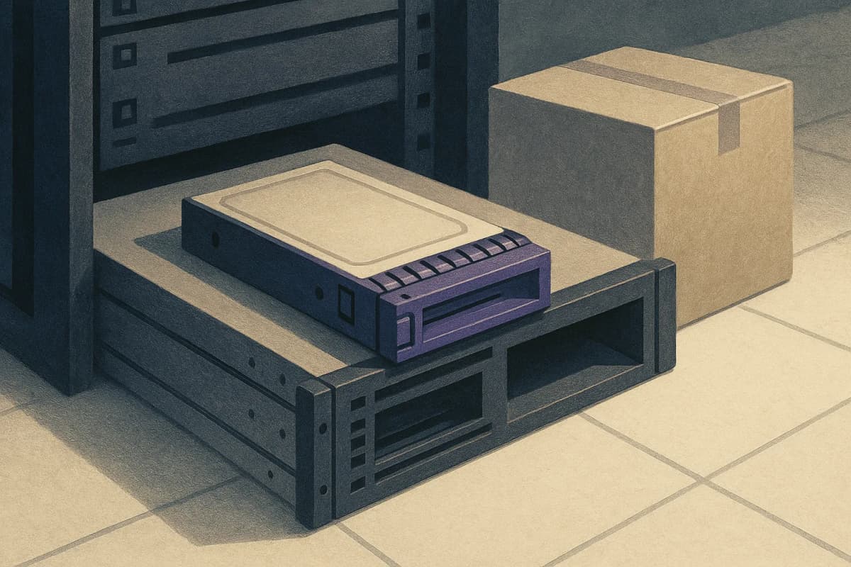 An empty server rack slot with a blank, unlabelled hard drive caddy resting on top of it, beside a sealed cardboard shipping box on a data-centre floor, cool overhead lighting.