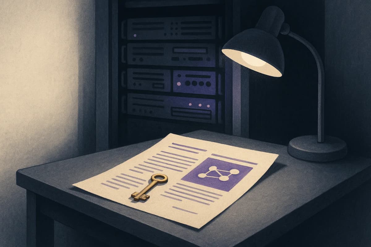 A single printed sheet of paper resting on a metal desk directly in front of an open server rack, weighted down by a small brass key, lit by one desk lamp in an otherwise dim server room.