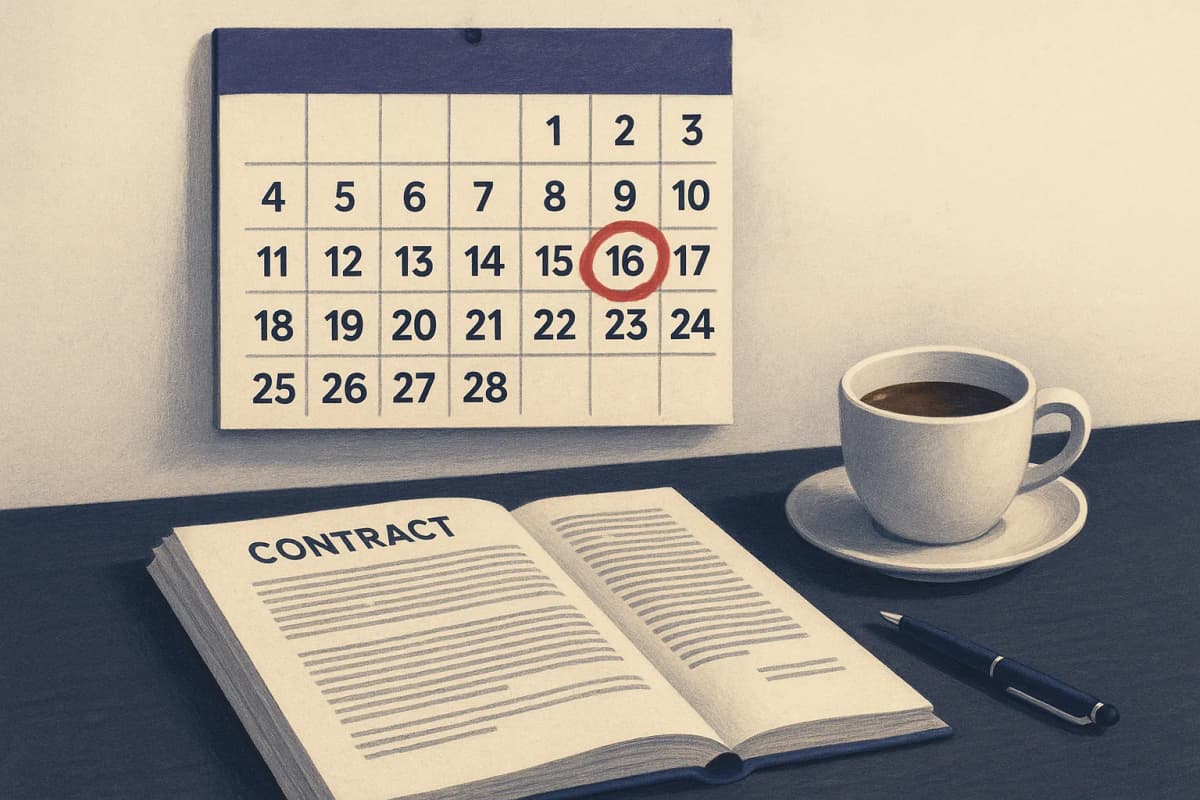 A wall calendar with one late-October date circled in thick red marker, hanging above a desk where a thick printed software contract lies open next to a pen and a half-drunk cup of coffee.