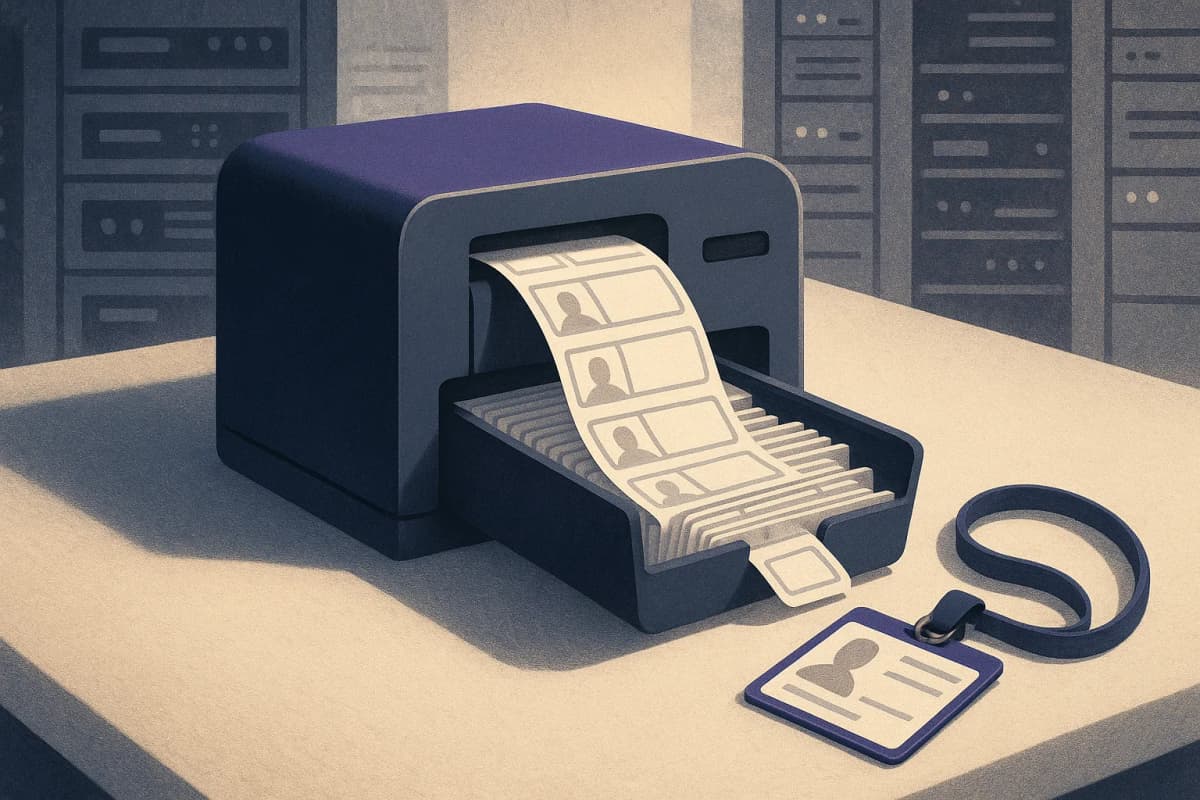 A badge printer on a desk in a server room, extruding a long ribbon of small blank employee-style ID badges into an overflowing tray, with one badge clipped to a lanyard beside it and empty photo squares where a face wou