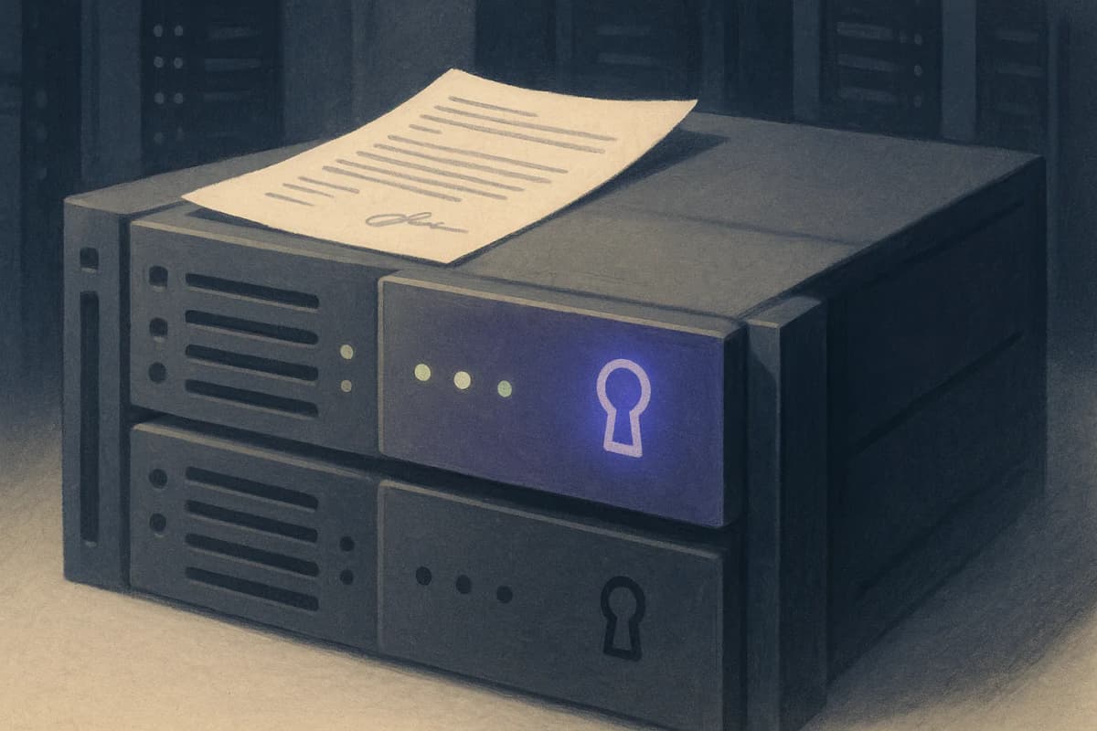 A server rack in a dim data centre with two nearly identical identity-appliance units mounted one above the other, one unit's status lights on and the other's fading dark, a printed contract lying on top of the rack.