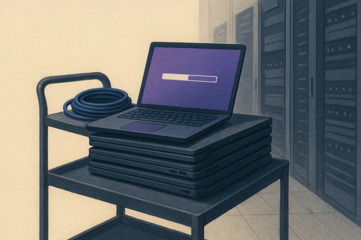 A rolling IT cart stacked with closed corporate laptops in a server-room corridor, one laptop open on top showing a progress bar mid-download, a coiled network cable beside it.